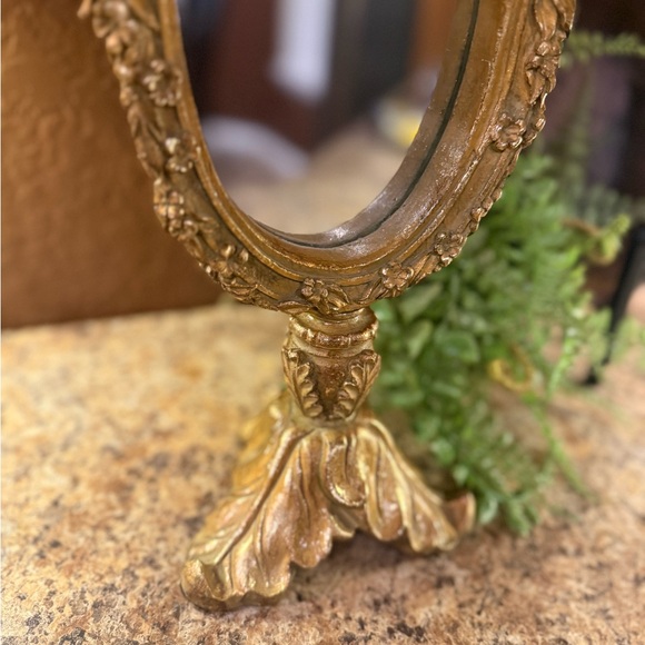 Vintage Gold Baroque Resin Floral Pattern Standing Table Mirror 14 Inches Tall - Picture 3 of 11